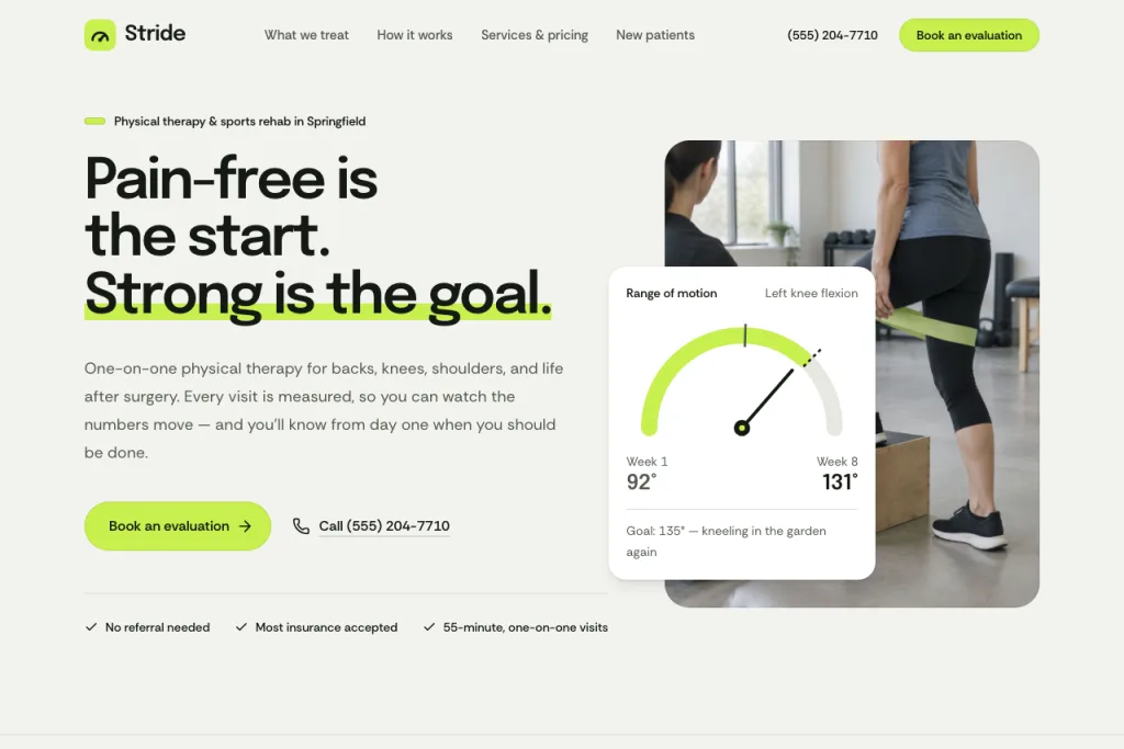 The top of the Stride template's home page