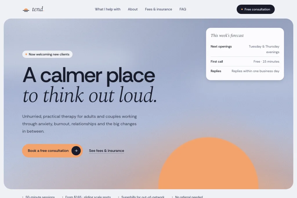 The top of the Tend template's home page