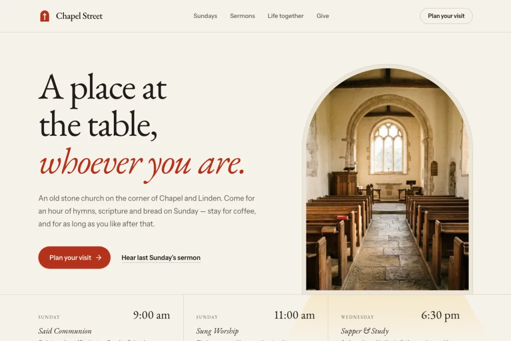 The top of the Chapel template's home page