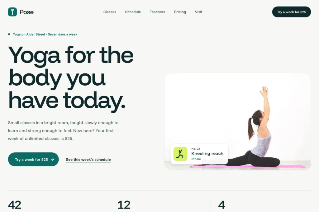 The top of the Pose template's home page