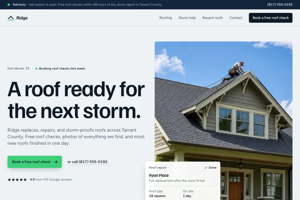 The top of the Ridge template's home page