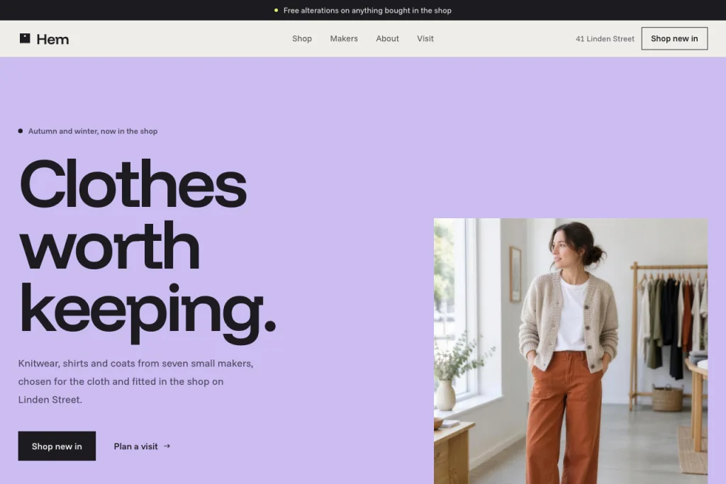 The top of the Hem template's home page