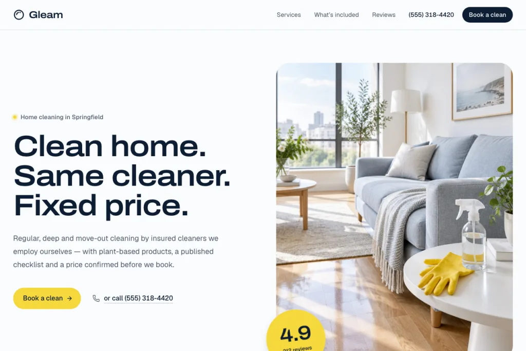 The top of the Gleam template's home page