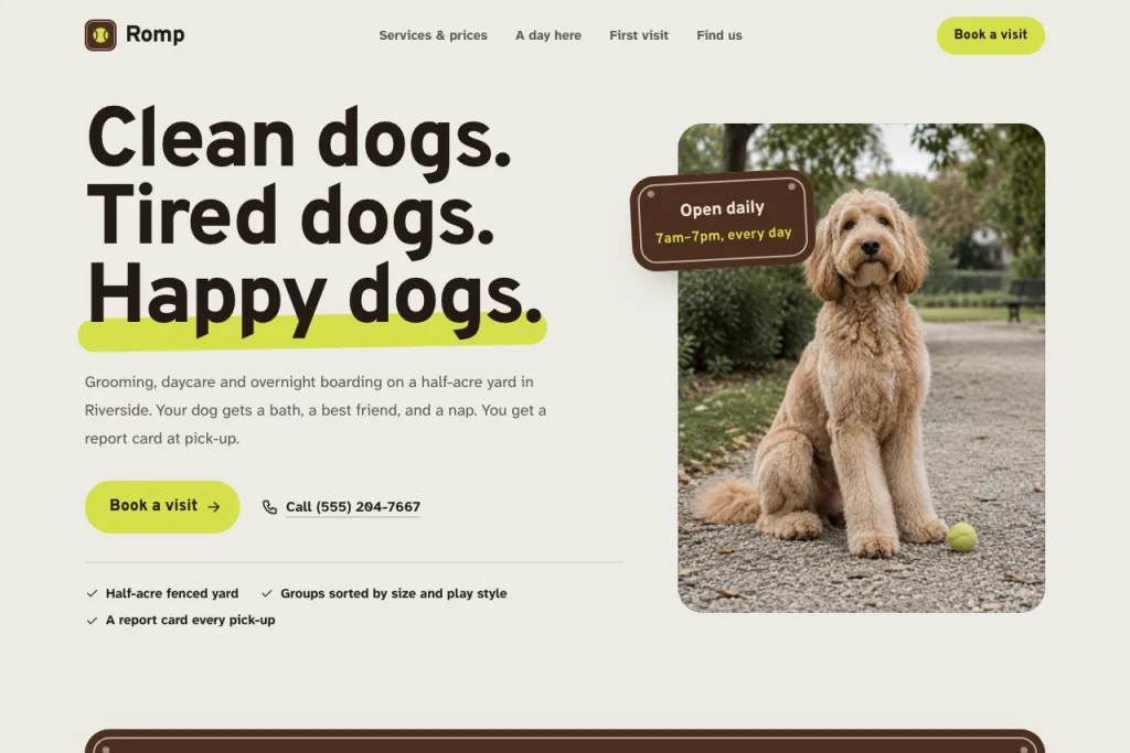 The top of the Romp template's home page