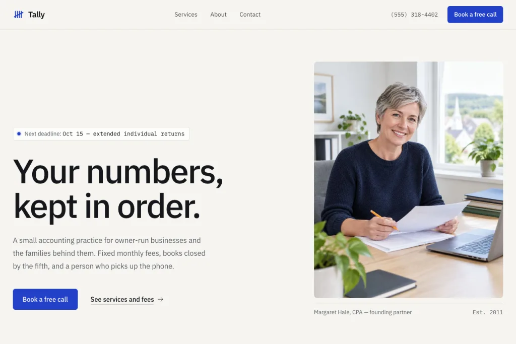 The top of the Tally template's home page