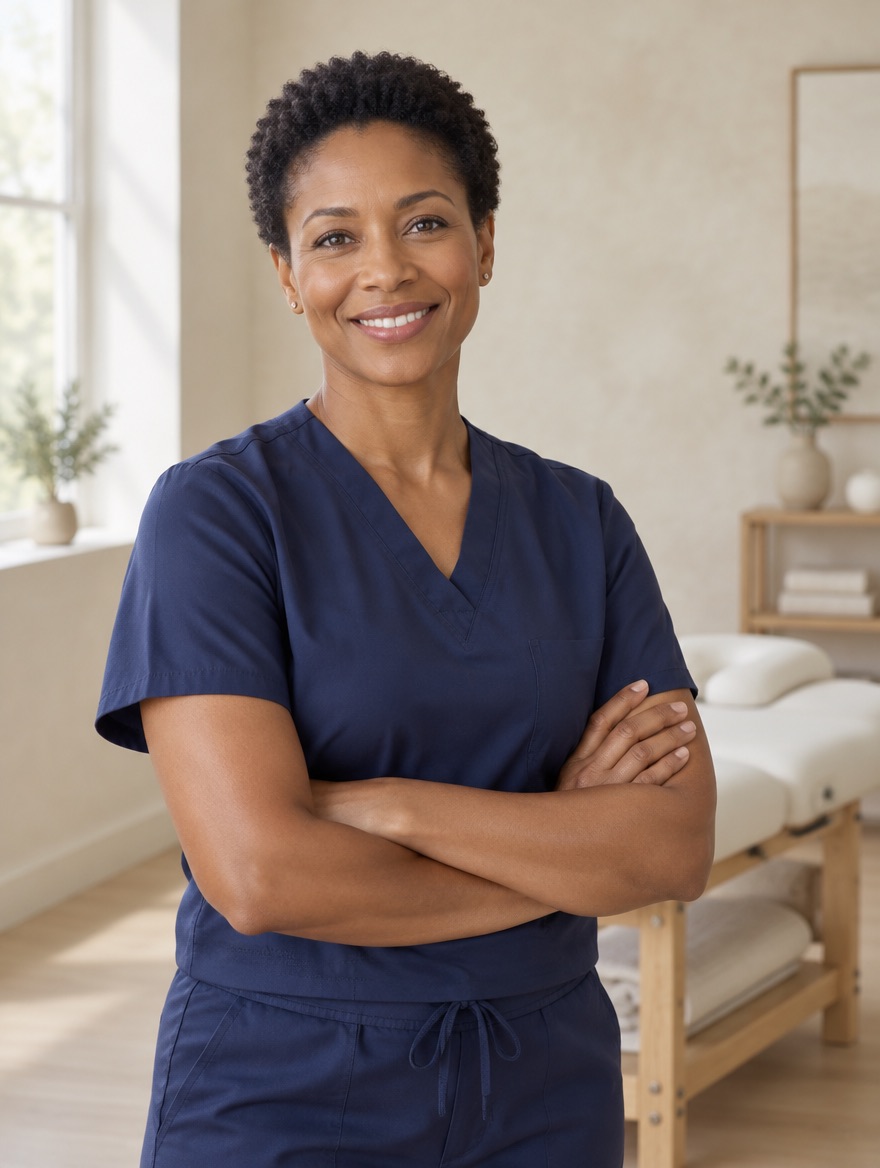 Dr. Nia Okafor in an indigo scrub top, standing in the Axis treatment room