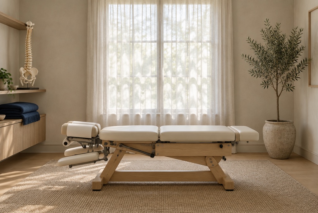 The Axis treatment room: a pale oak adjusting table under a sheer-curtained window, a spine model on the shelf