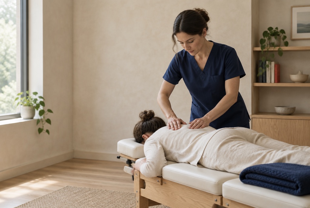 A chiropractor in an indigo scrub top adjusting the upper back of a patient lying on a treatment table