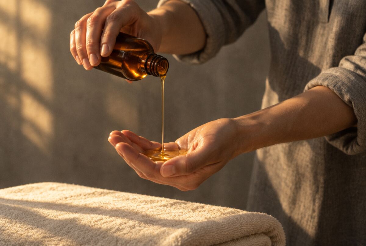 A therapist pouring golden massage oil from an amber bottle into a cupped palm in low sunlight
