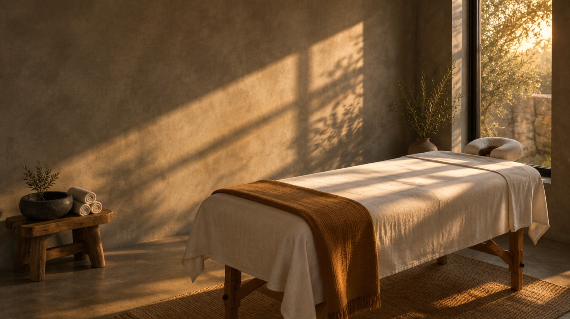 A massage table made up with warm white linen in a plaster-walled room, low afternoon sun falling across the sheets