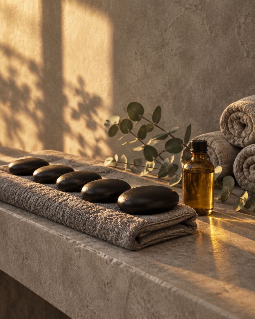 Five black basalt stones warming on a folded grey towel beside an amber bottle of massage oil and a sprig of eucalyptus