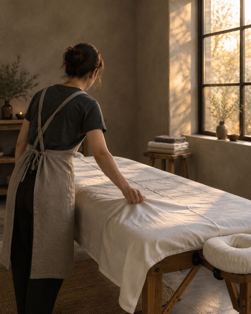 The therapist, seen from behind in a linen apron, smoothing a white sheet over a massage table by a sunlit window