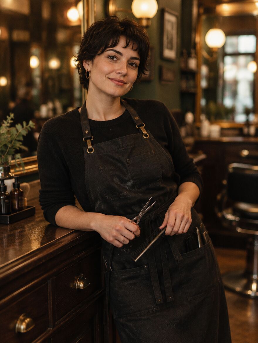 Jess, a barber holding scissors and a comb at the counter