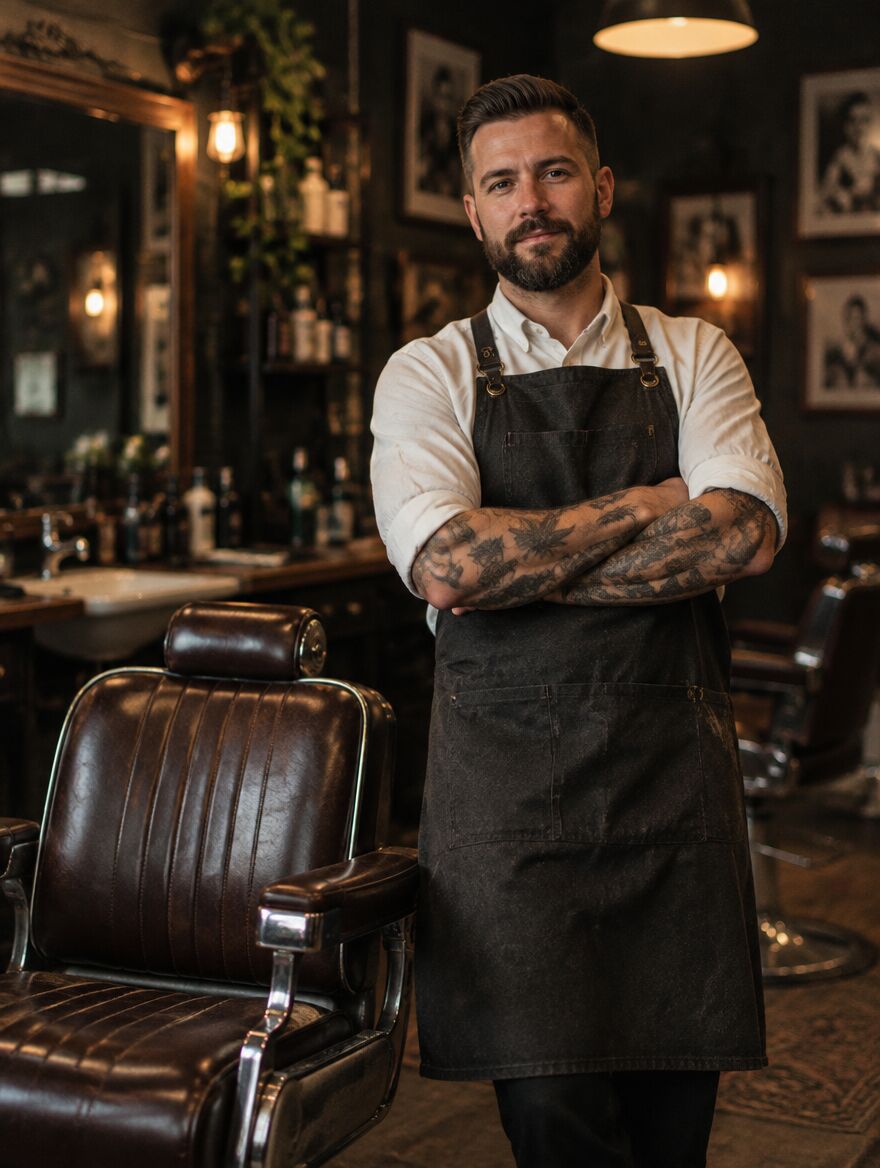 Marcus, a barber in a dark apron, standing beside a leather chair