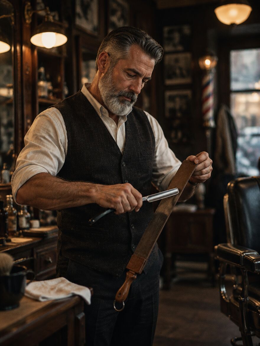 Walt, a barber with a silver beard, stropping a straight razor