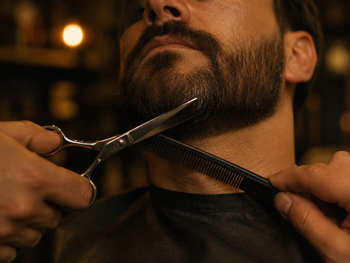 A barber trimming a client’s beard with scissors and a comb