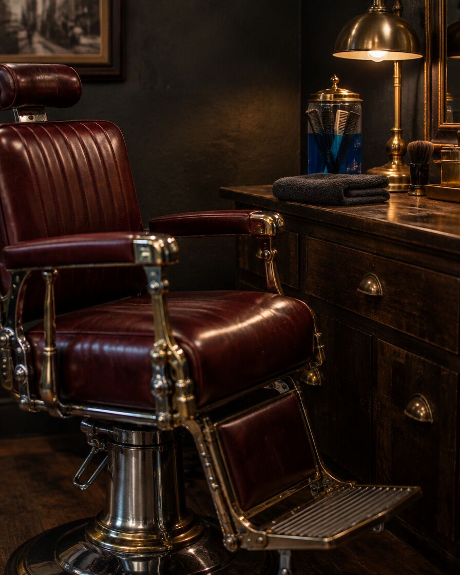 An oxblood leather barber chair beside a brass lamp
