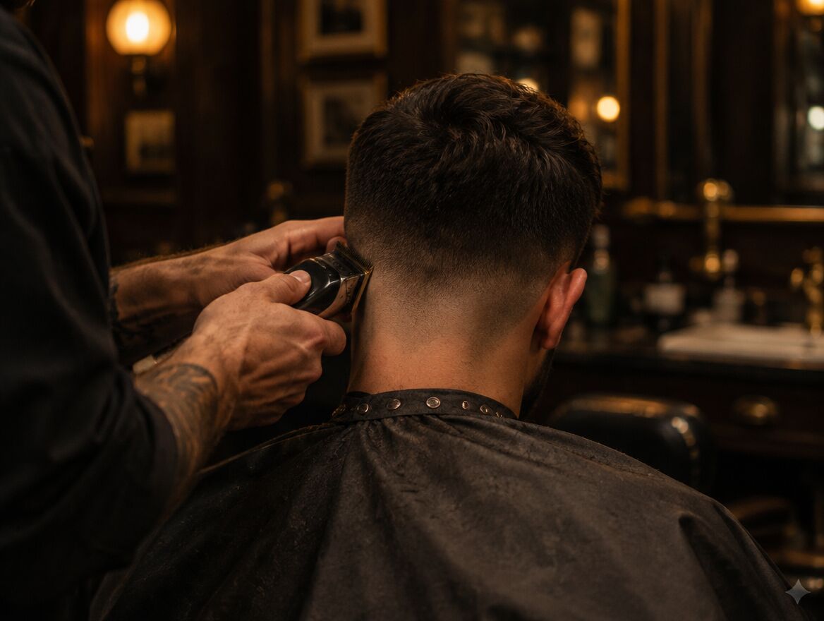 A barber fading the back of a client’s head with clippers