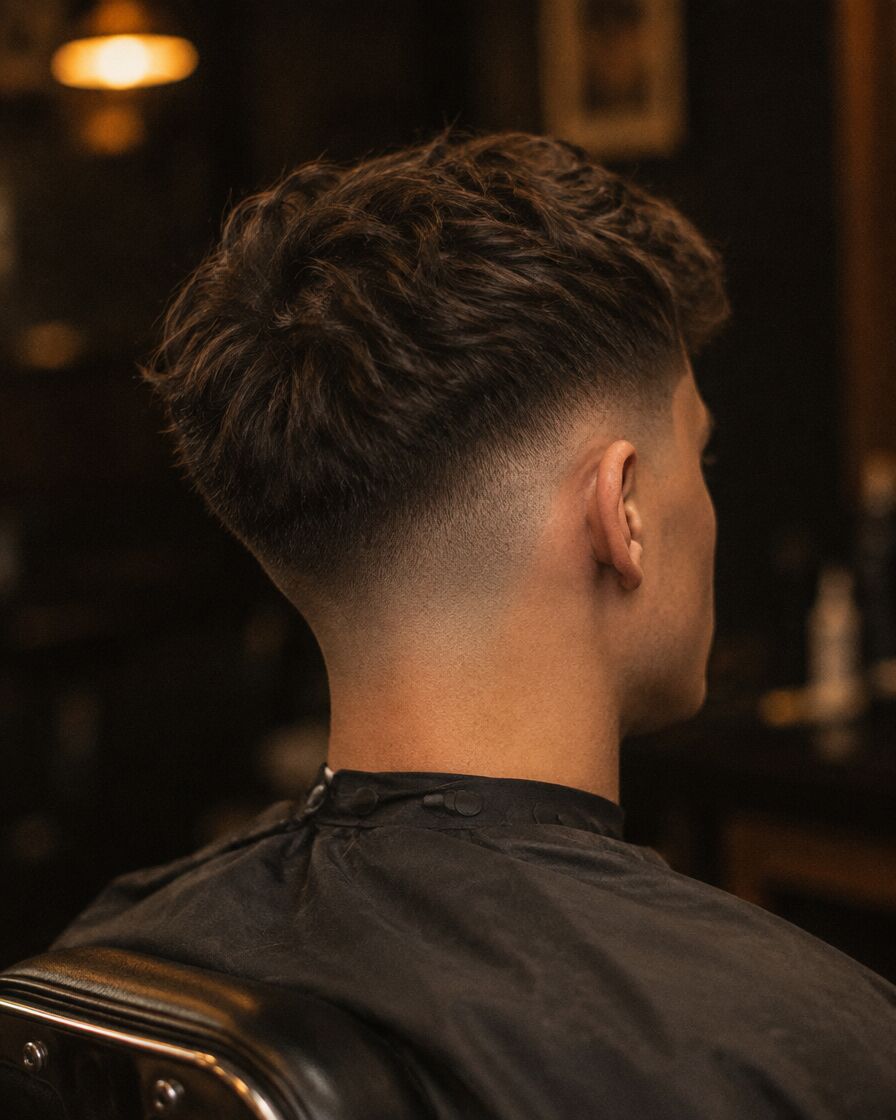 A fresh low skin fade with a textured crop, seen from behind