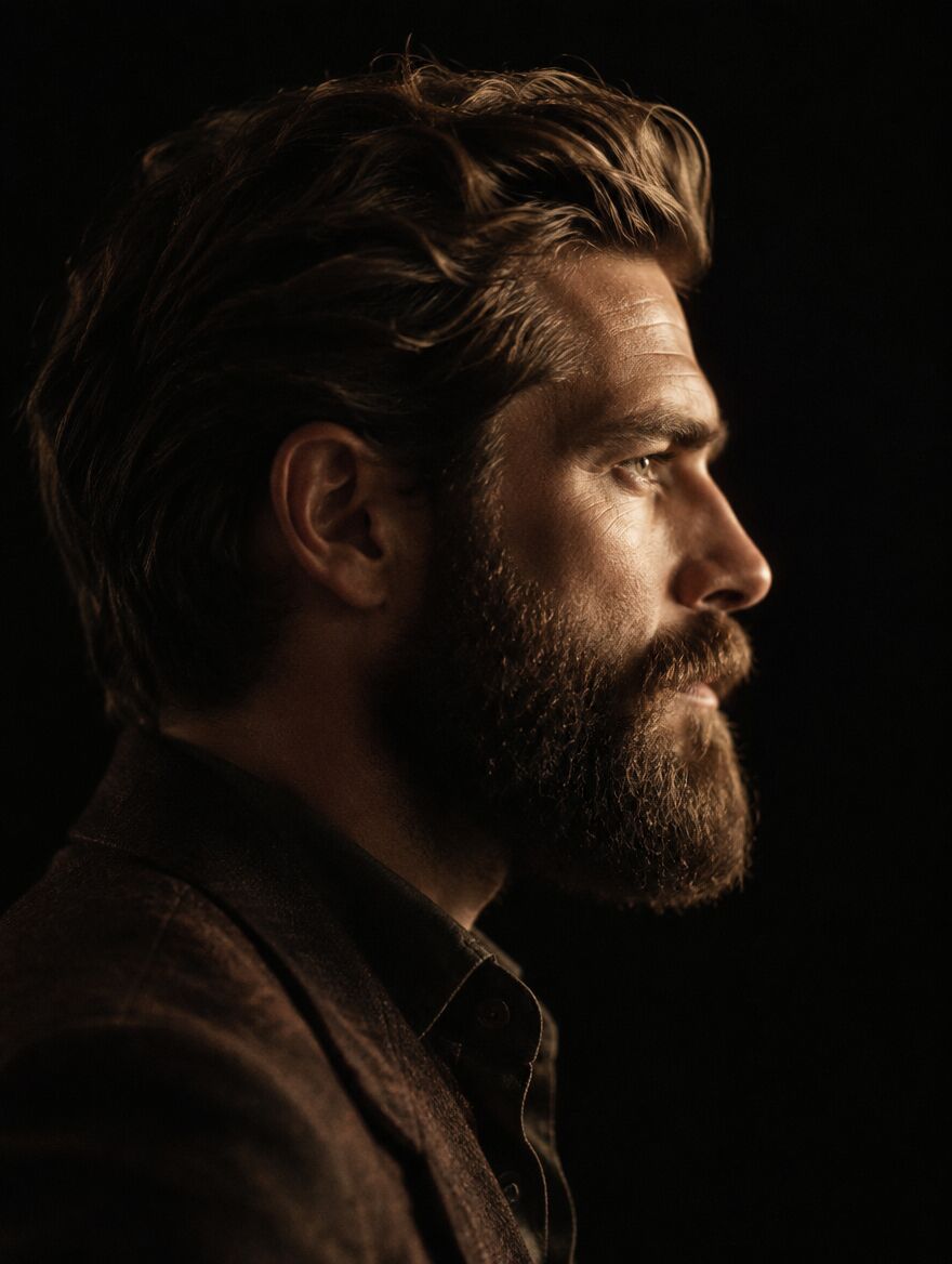 A man with a full, groomed beard in profile, lit by warm light against a dark background