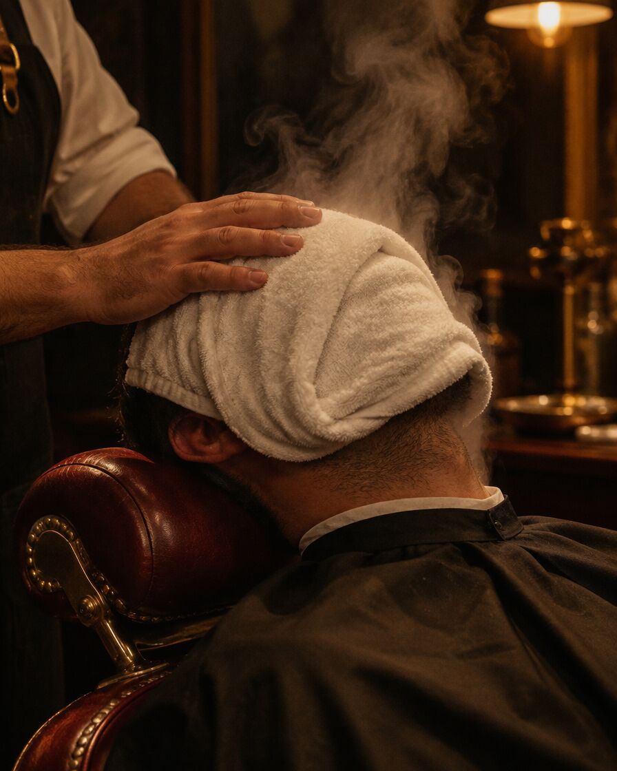 A client reclined in a leather chair with a steaming towel over his face