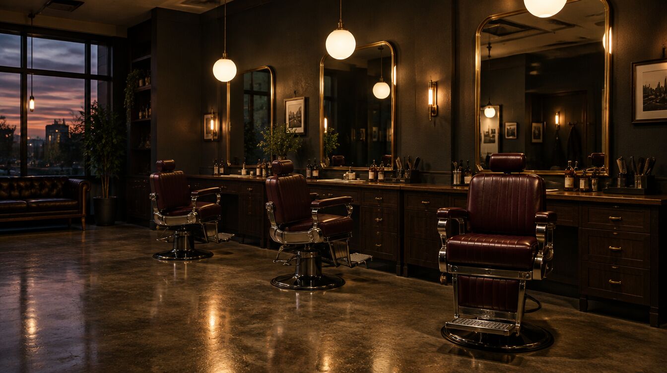 The barbershop at dusk, with leather chairs, brass mirrors, and warm pendant lights