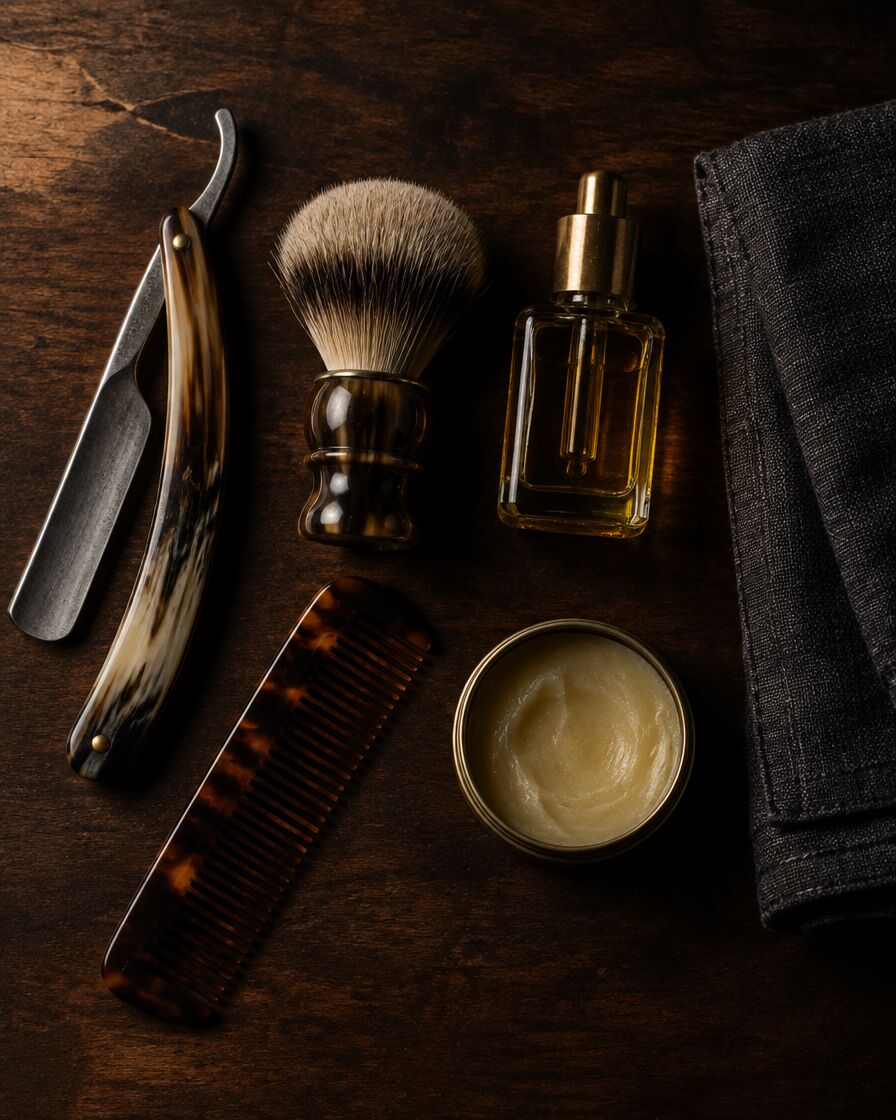 A straight razor, shaving brush, comb, and beard oil on dark walnut