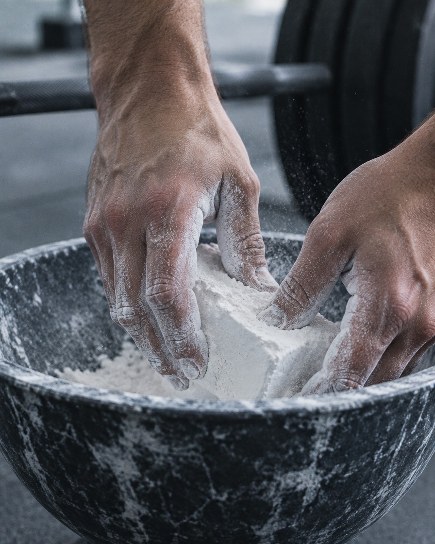 Chalked hands pressing into a block of lifting chalk