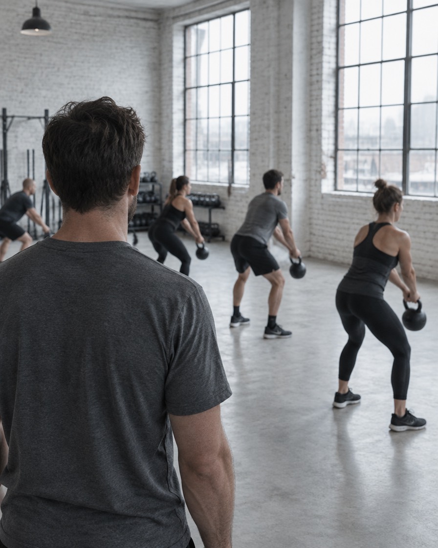 A coach watches a small group class swing kettlebells on a bright concrete floor