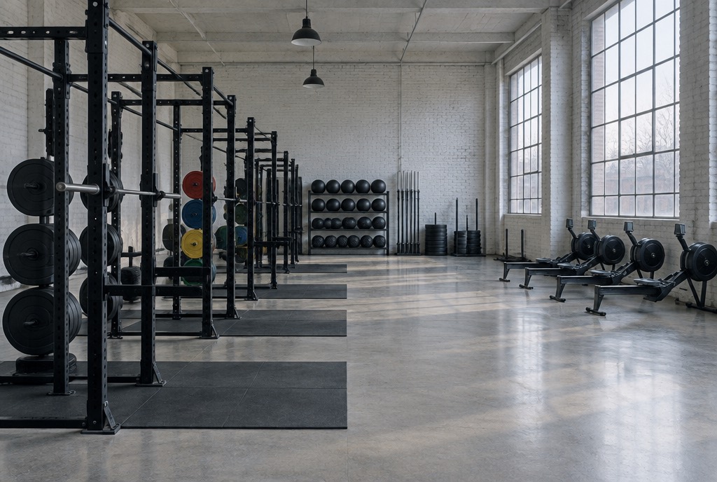 The gym floor in the morning: a row of squat racks, stacked plates and rowing machines under tall windows