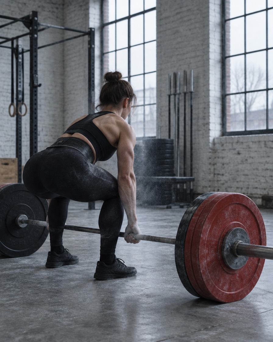 A lifter in a bright warehouse gym sets up a deadlift, chalk dust in the air and a red plate on the bar