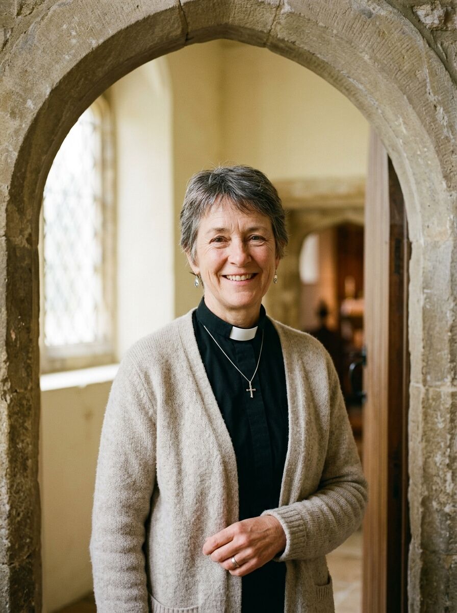 Rev. Anna Whitley smiling in the stone doorway of the church