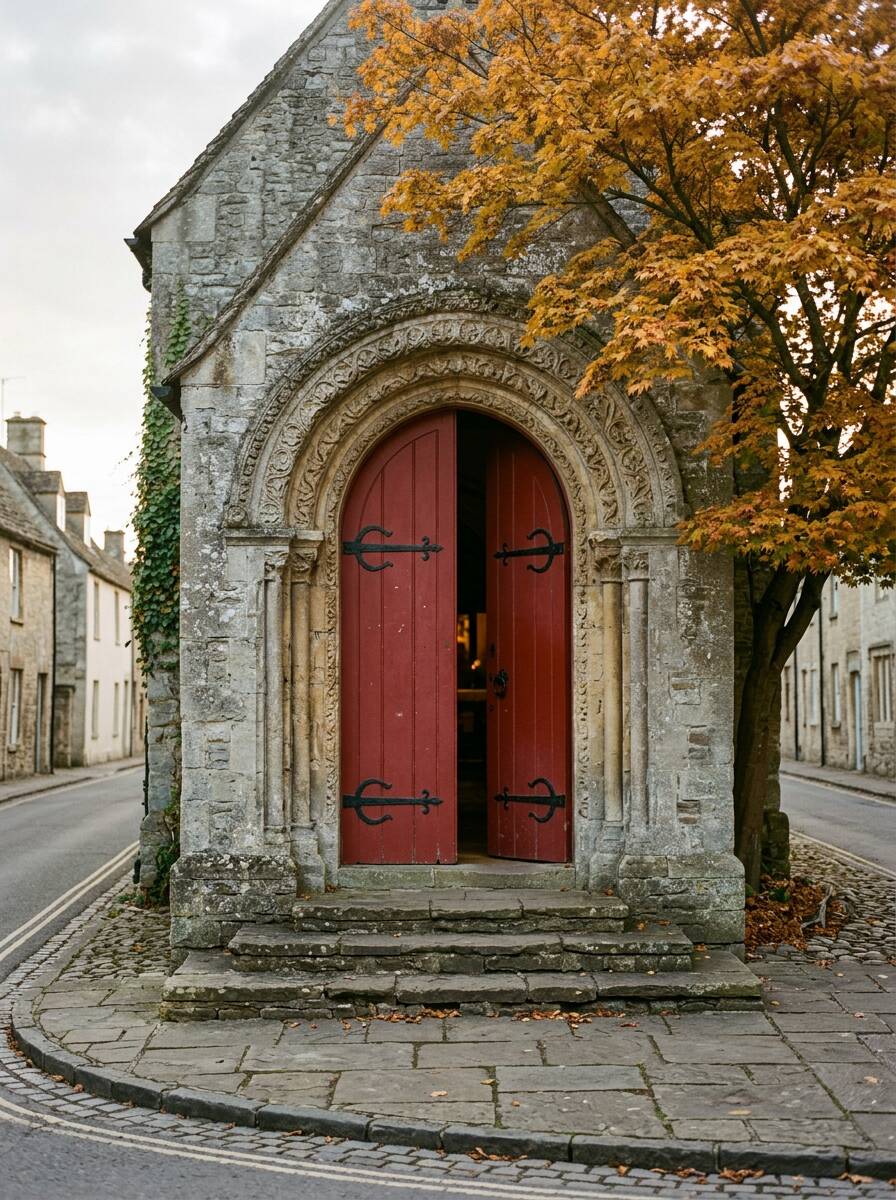 The red doors of the church standing open under a carved stone arch, a maple turning gold beside them