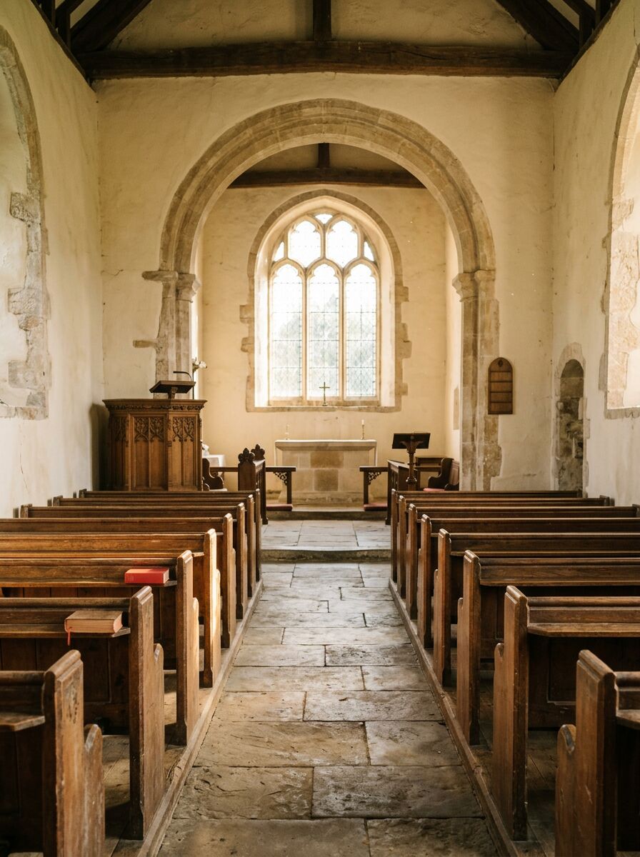 Morning light through the arched east window, falling across the oak pews and the stone aisle