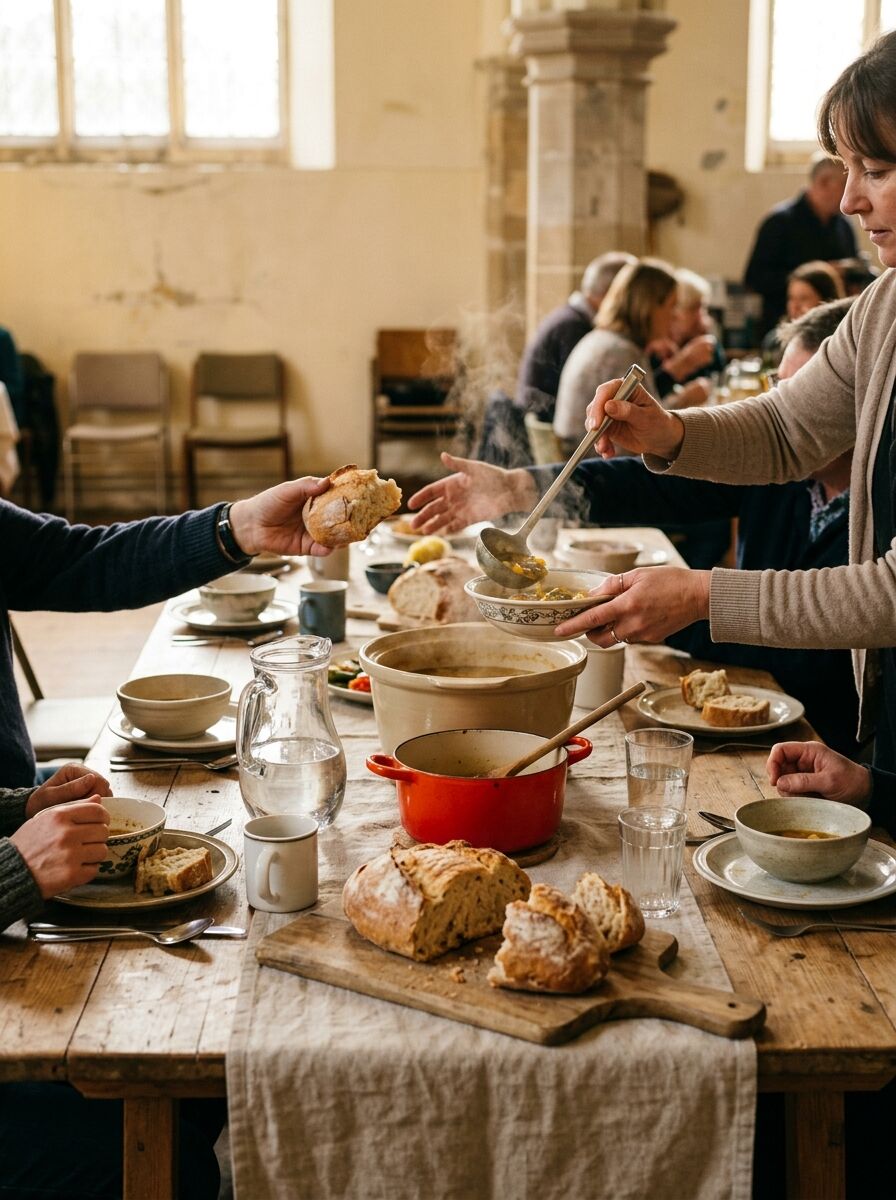 Hands passing bread and ladling soup at the Wednesday supper table in the hall