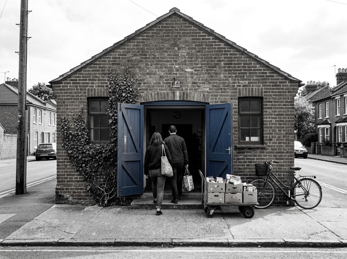 The brick hall on Alder Street with its doors propped open and a cart of grocery boxes by the entrance