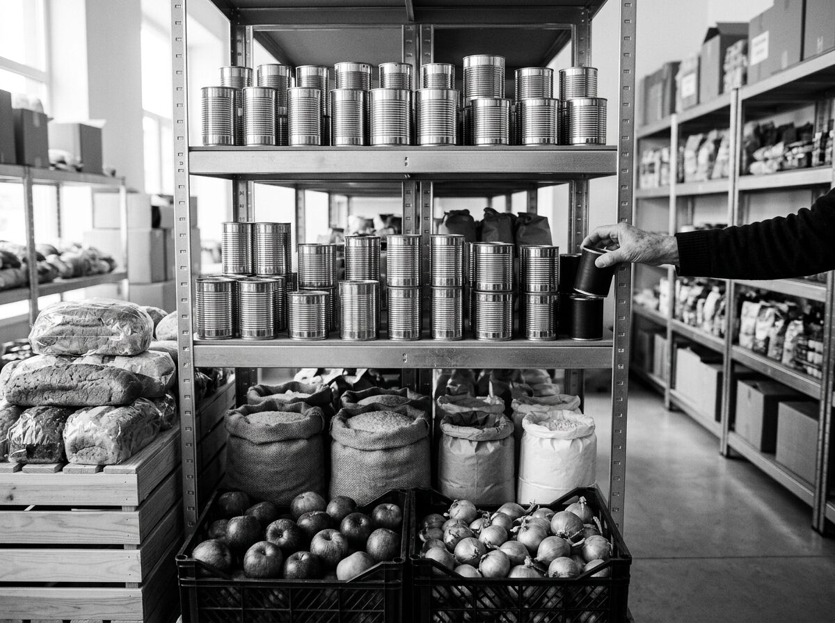 A neighbor taking a can from the pantry shelves, stocked with tins, rice and crates of apples