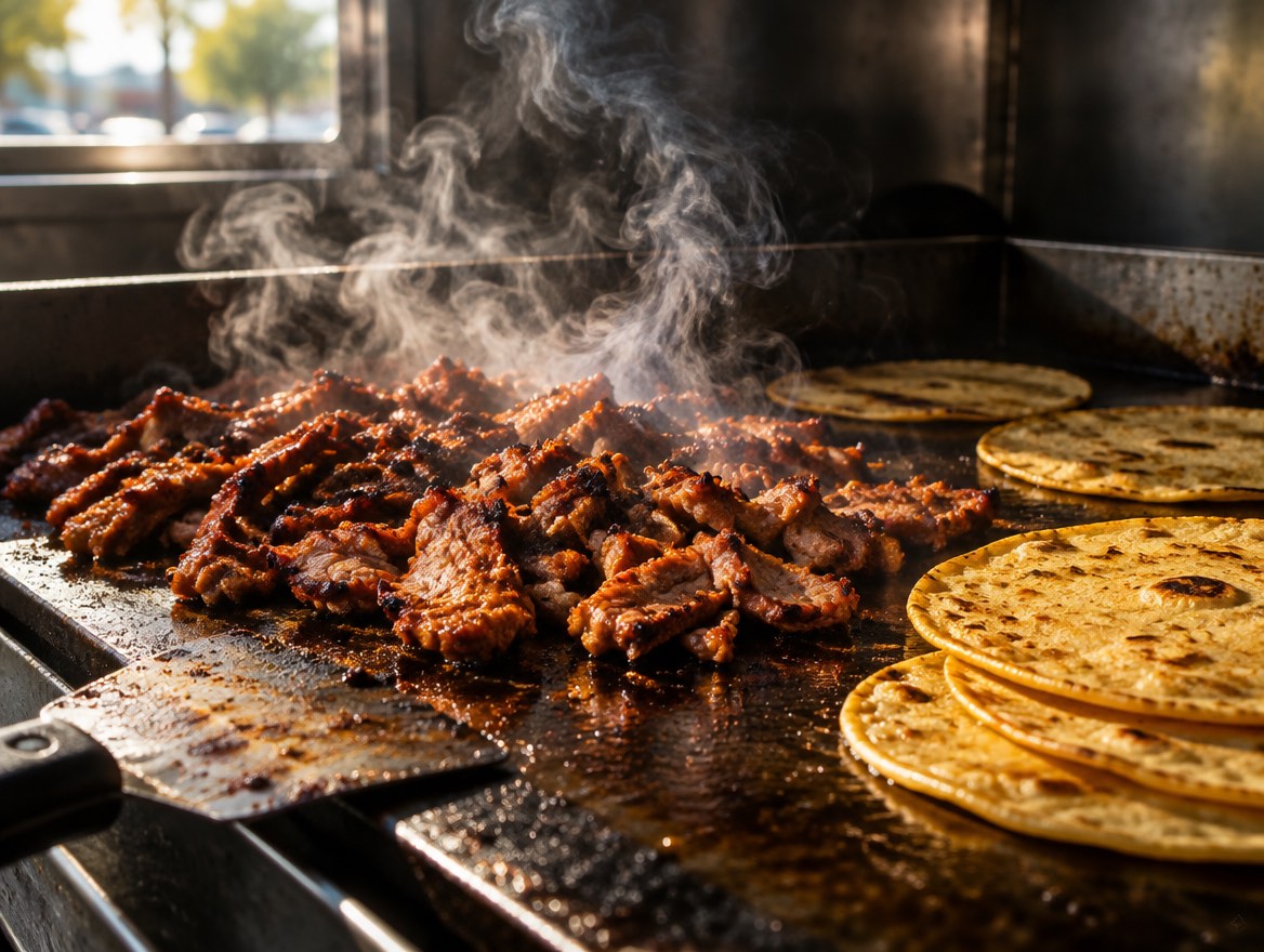 Marinated pork and corn tortillas sizzling on a flat-top griddle, steam rising in the sunlight