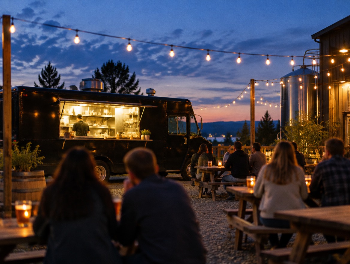 The food truck lit up at dusk on a brewery patio under string lights, guests at picnic tables