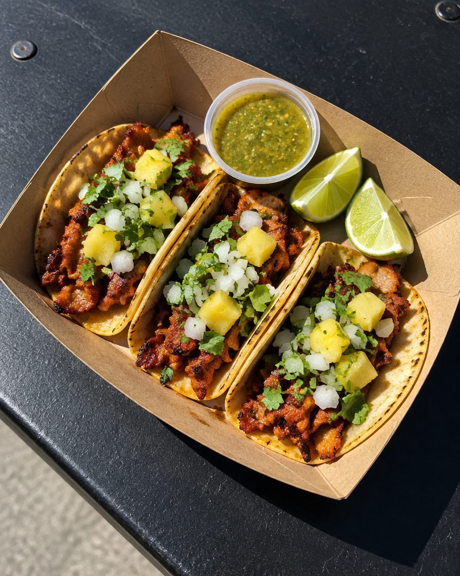 Three al pastor tacos with pineapple, onion and cilantro in a paper tray, with lime wedges and salsa verde