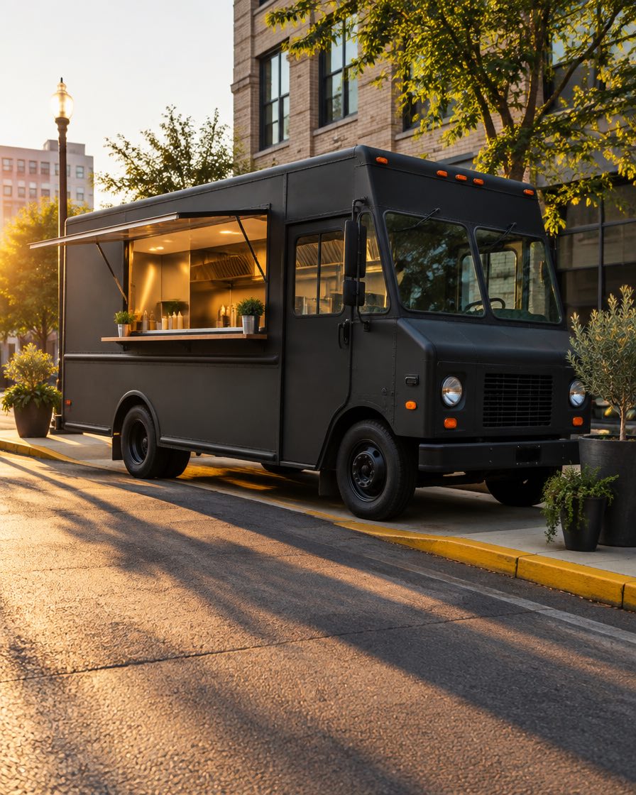 A black food truck with its service window open, parked at a yellow curb in the late afternoon sun