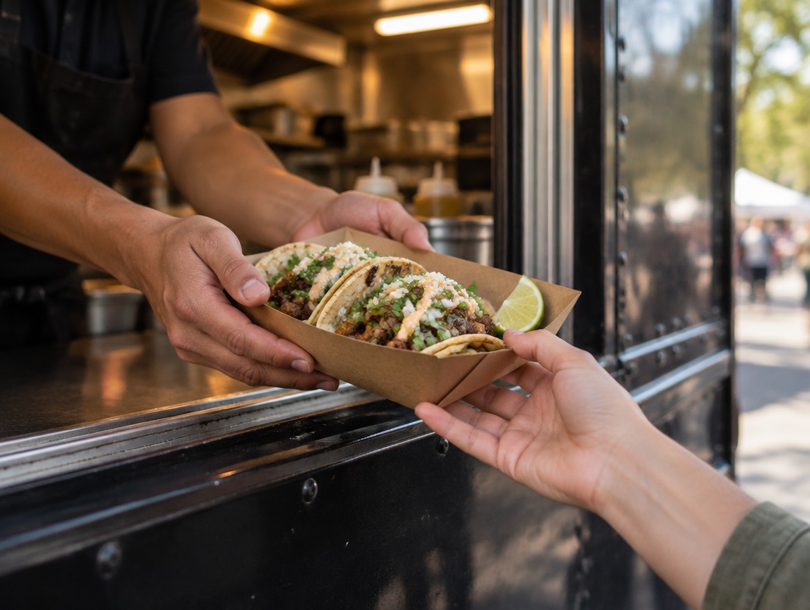 A paper boat of tacos handed through the truck window to a customer