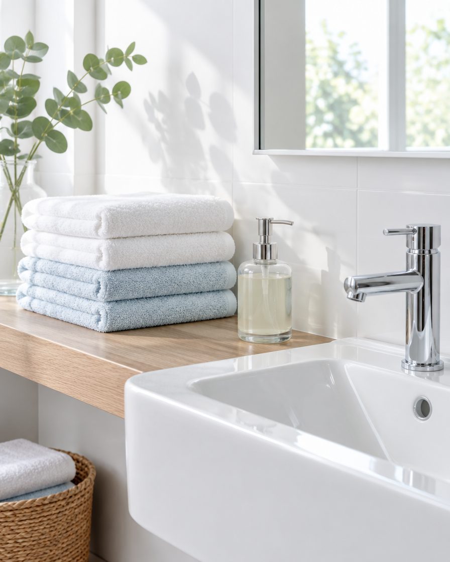 A spotless white bathroom with folded white and pale blue towels on an oak shelf beside a polished tap.