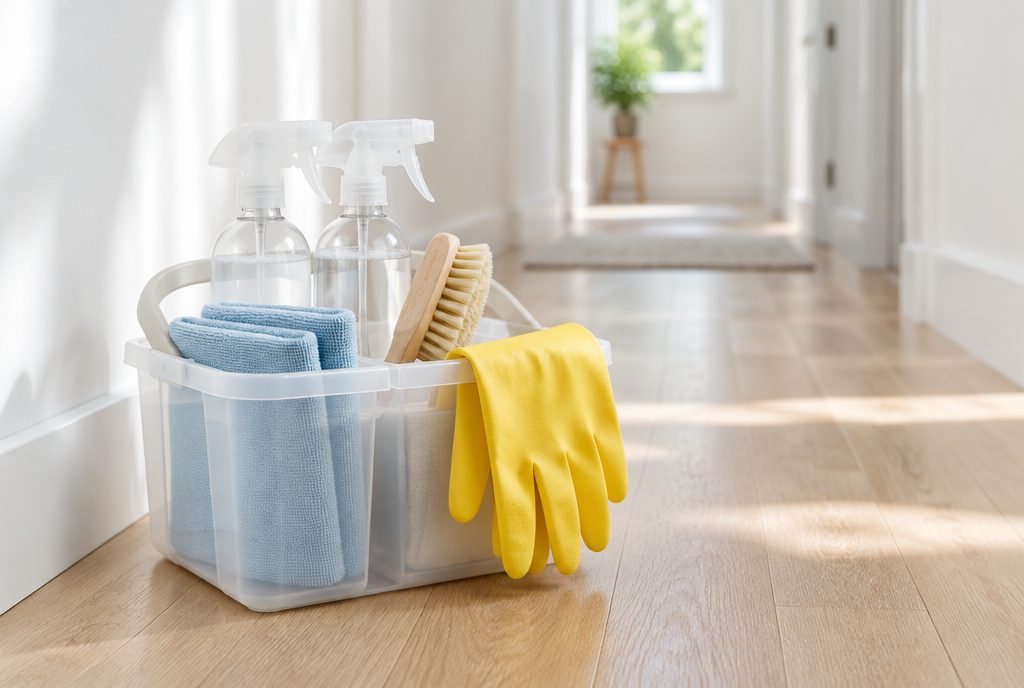 A cleaning caddy with refillable spray bottles, blue cloths, a wooden brush and yellow gloves on an oak floor.