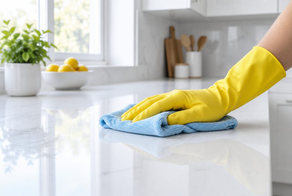 A hand in a yellow rubber glove wiping a white kitchen counter with a pale blue cloth.