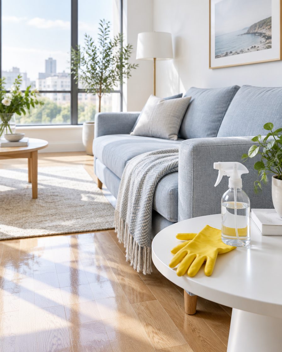 A bright, freshly cleaned living room with a pale blue sofa, polished oak floor, and yellow cleaning gloves beside a glass spray bottle on a side table.
