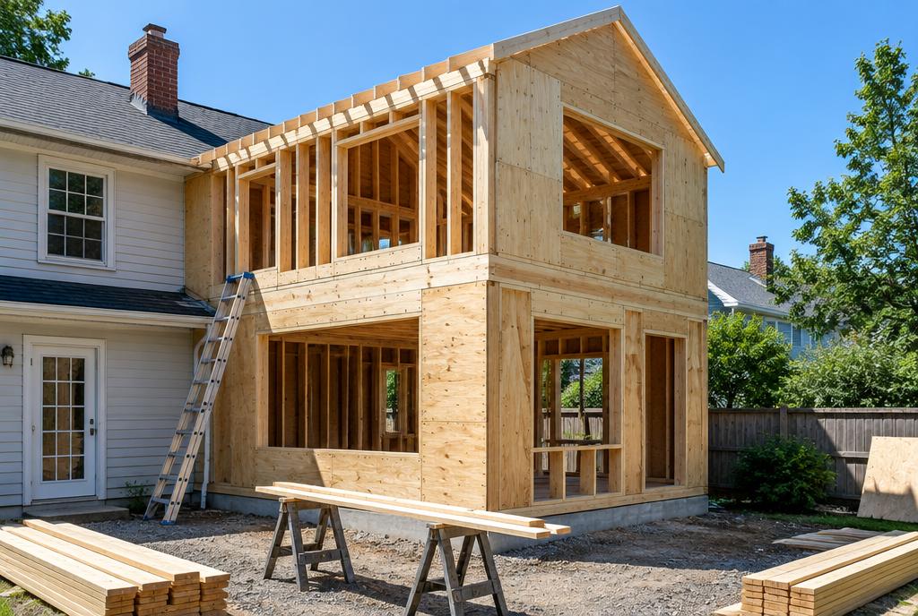 A two-storey timber-framed addition going up on the back of a house, with fresh lumber stacked on the gravel.