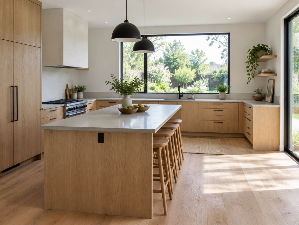 A bright open kitchen with white oak cabinets, a long island with stools, and a large garden window.