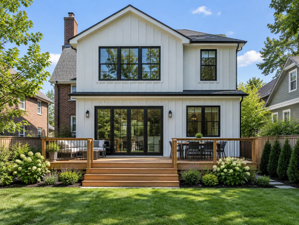 A white two-storey rear addition with black windows and a cedar deck, seen from the lawn.