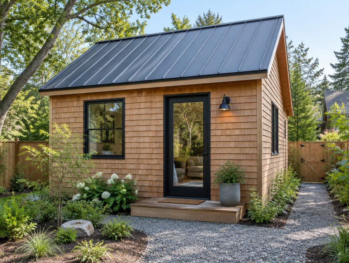 A small cedar-shingled backyard cottage with a dark metal roof and a glass door, along a gravel path.